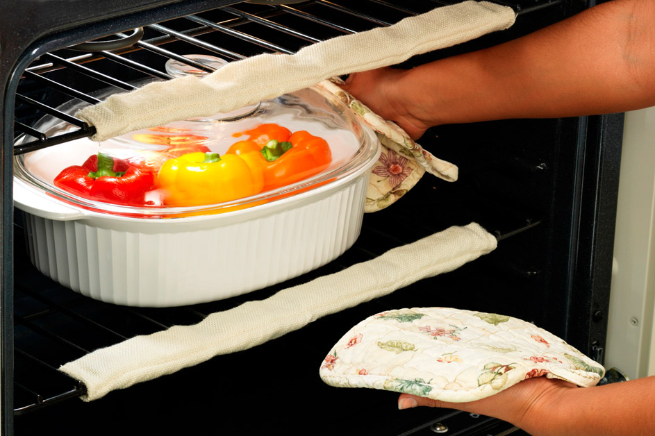 Oven Rack Guards Burn Protection on two oven racks with a casserole dish in oven