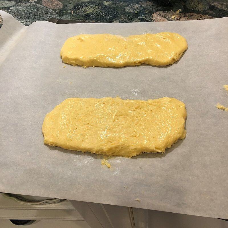 Biscotti shaped on cookie sheet